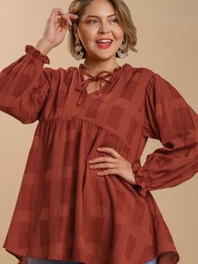 Umgee Chenille Babydoll Tunic Top Dress Rust Split Neck Long Sleeve XL